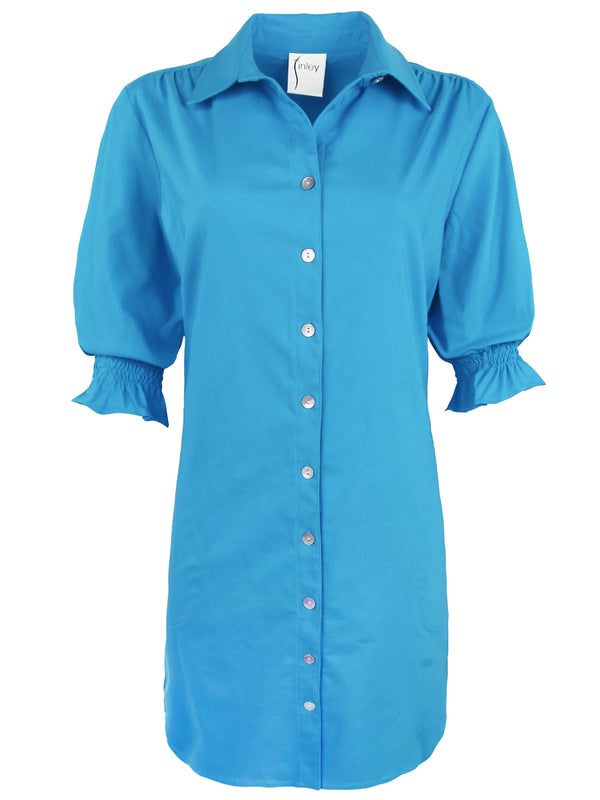 Finley Miller Turquoise Blue Shirt Dress In Stretch Viscose With Short Puff Sleeves And A Relaxed Contour