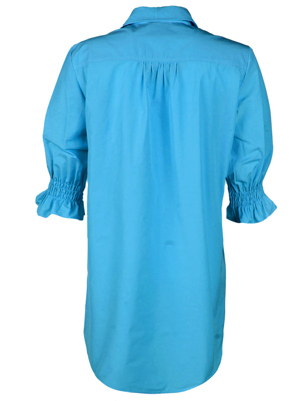 Finley Miller Turquoise Blue Shirt Dress In Stretch Viscose With Short Puff Sleeves And A Relaxed Contour