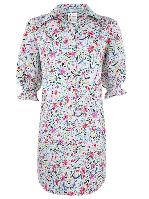 Finley Miller White And Pink Floral Print Linen Shirt Dress With Short Puff Sleeves And A Relaxed Contour