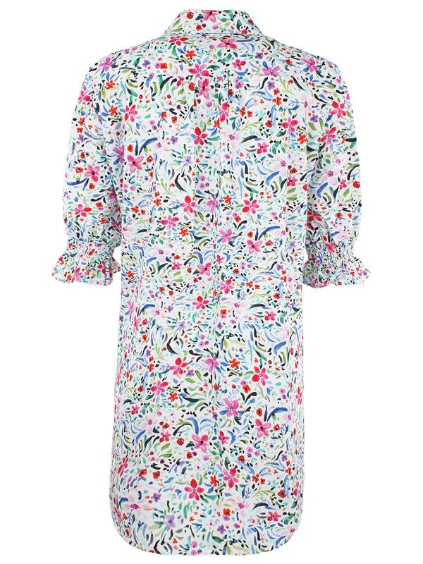 Finley Miller White And Pink Floral Print Linen Shirt Dress With Short Puff Sleeves And A Relaxed Contour