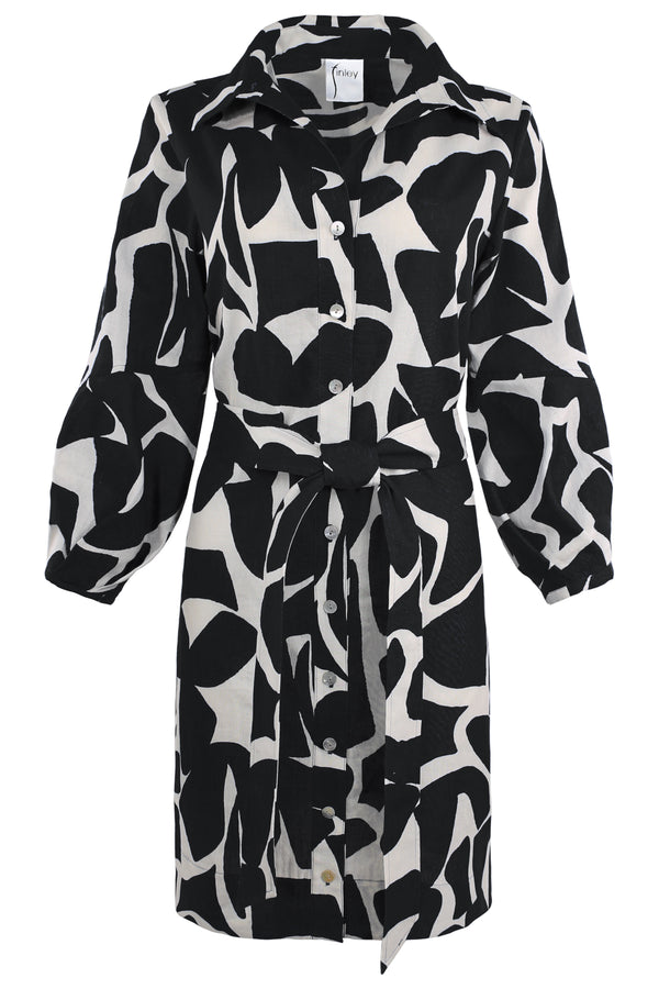 Finley Milo Black And Natural Puzzle Print Linen/cotton Blend Shirt Dress With Self Belt & Sleeve Detail
