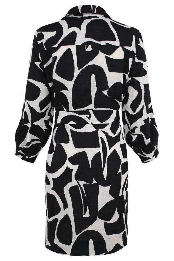 Finley Milo Black And Natural Puzzle Print Linen/cotton Blend Shirt Dress With Self Belt & Sleeve Detail