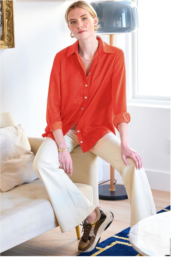 finley Mini Monica Long sleeve washed cotton and cupro blouse with relaxed contour in flame red