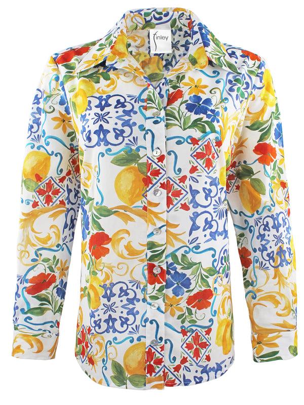 Finley Monica Oversized Cotton Blouse With Shirttail Hem And Limoncello Floral Print