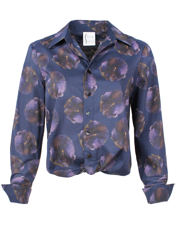 Finley Moxie Cotton Poplin Blouse With A Front-twist Hem In A Purple Pansy Print