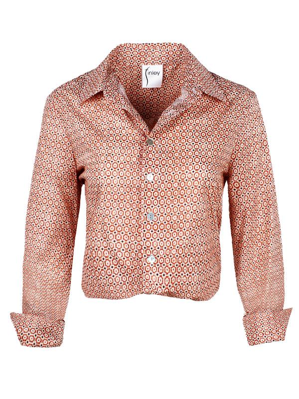 Finley Moxie Cotton Poplin Blouse With A Front-twist Hem In A Burnt Orange Geometric Print Print