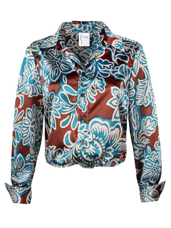 Finley Moxie Satin Blouse With A Front-twist Hem In A Turquoise And Brown Floral Print