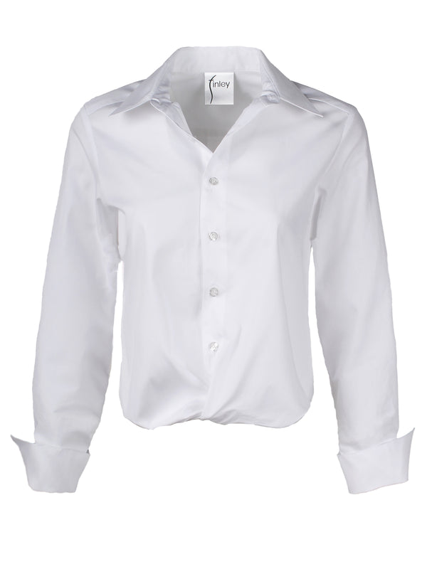Finley Moxie Silky White Poplin Blouse With A Front-twist Hem And A Relaxed Shape