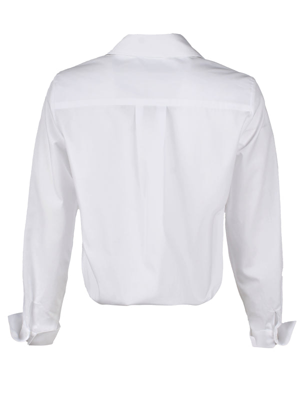 Finley Moxie Silky White Poplin Blouse With A Front-twist Hem And A Relaxed Shape