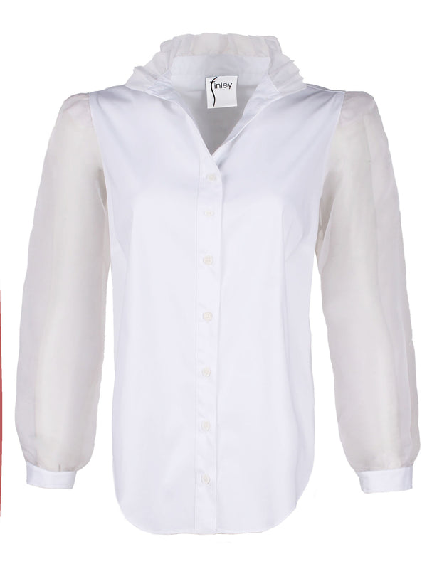 Finley Mystie White Poplin Blouse With Ruffle Neckline And A Relaxed Shape