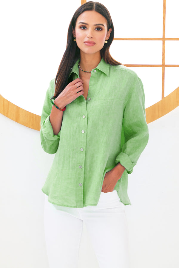 finley Niko Long sleeve washed linen boyfriend shirt in pale green