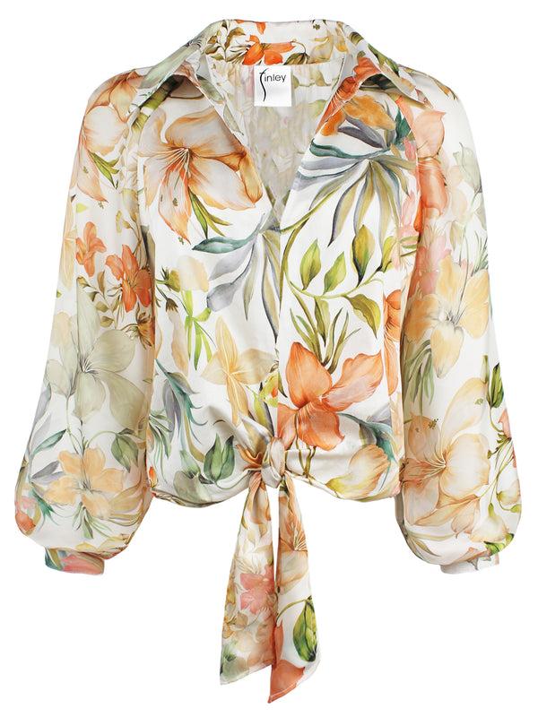 Finley Paloma Tie Front Natural Coral And Green Floral Print Blouse With A V Neckline And Tie Waist