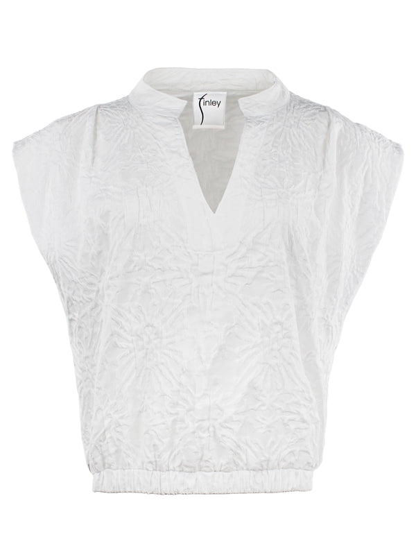 Finley Pearl Popover White Tonal Textured Jacquard Shirt With Cap Sleeves And An Elasticized Waist
