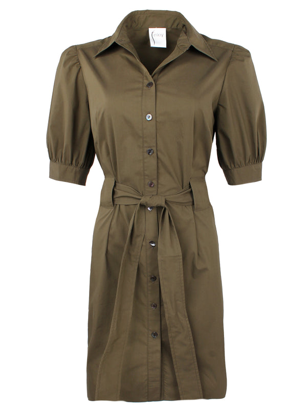 Finley Piper Short Sleeve Tie Front Dress With Semi-fitted Shape In Olive Green Weathercloth