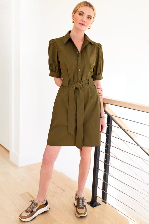 finley Piper Short sleeve tie front dress with semi-fitted shape in olive green weathercloth