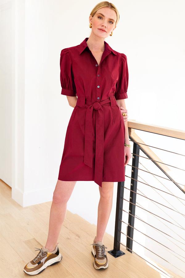 finley Piper Short sleeve tie front dress with semi-fitted shape in red weathercloth