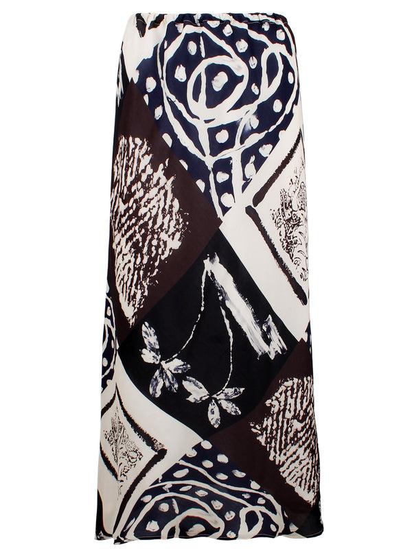 Finley Pull On Skirt Maxi Straight Silhouette Skirt In A Black Ivory Navy And Brown Print
