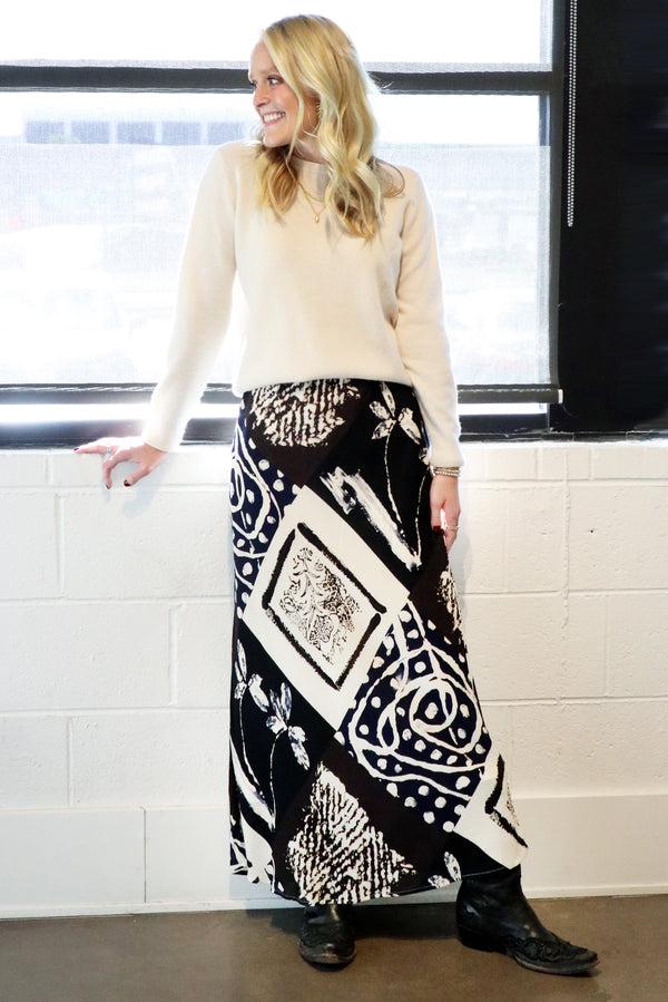 finley Pull on Skirt Maxi straight silhouette skirt in a black ivory navy and brown print