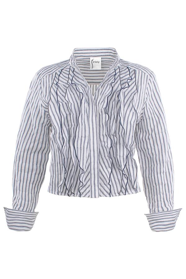 Finley Raffaele Crop Gray And White Textured Stripe Blouse With Ruffle Front And A Relaxed Shape