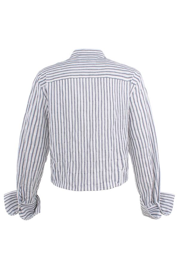 Finley Raffaele Crop Gray And White Textured Stripe Blouse With Ruffle Front And A Relaxed Shape