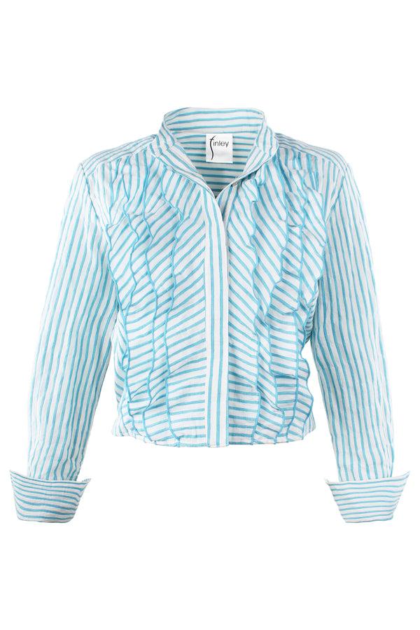 Finley Raffaele Crop Turquoise And White Textured Stripe Blouse With Ruffle Front And A Relaxed Shape