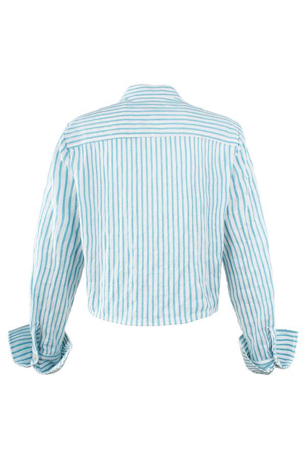 Finley Raffaele Crop Turquoise And White Textured Stripe Blouse With Ruffle Front And A Relaxed Shape