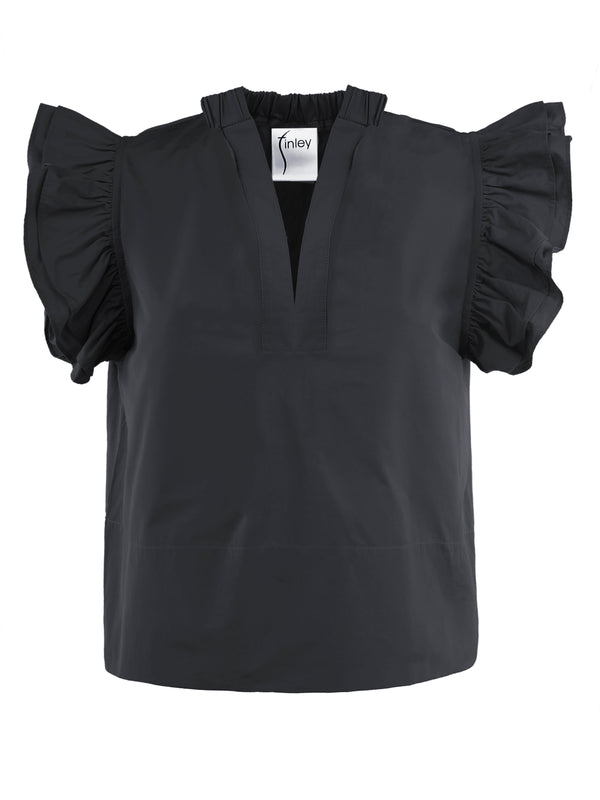 finley Remy Black cotton blend blouse with a v-neckline and ruffle sleeves