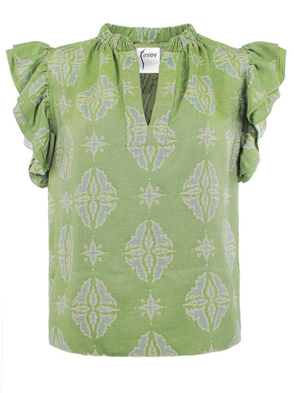 Finley Remy Green And Yellow Jacquard Blouse With A V-neckline And Ruffle Sleeves