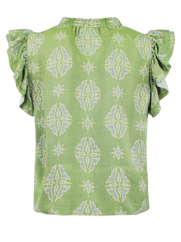 Finley Remy Green And Yellow Jacquard Blouse With A V-neckline And Ruffle Sleeves