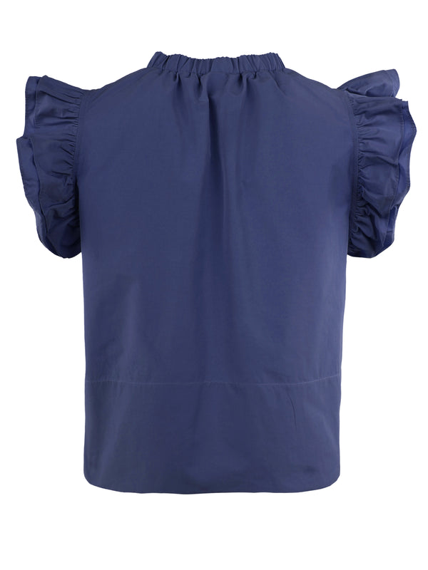Finley Remy Navy Cotton Blend Blouse With A V-neckline And Ruffle Sleeves