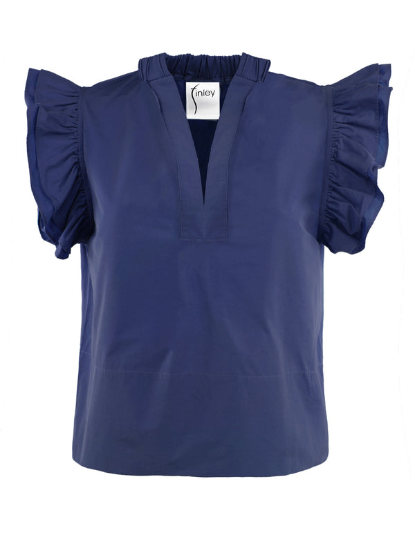 finley Remy Navy cotton blend blouse with a v-neckline and ruffle sleeves
