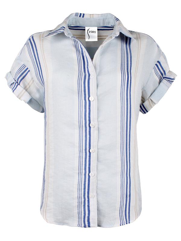 Finley Roll Sleeve Camp Shirt Blue Striped Voile Blouse With Short Rolled Cuffs And Spread Collar