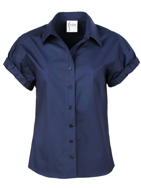 Finley Roll Sleeve Camp Shirt Navy Blue Poplin Blouse With Short Rolled Cuffs And Spread Collar