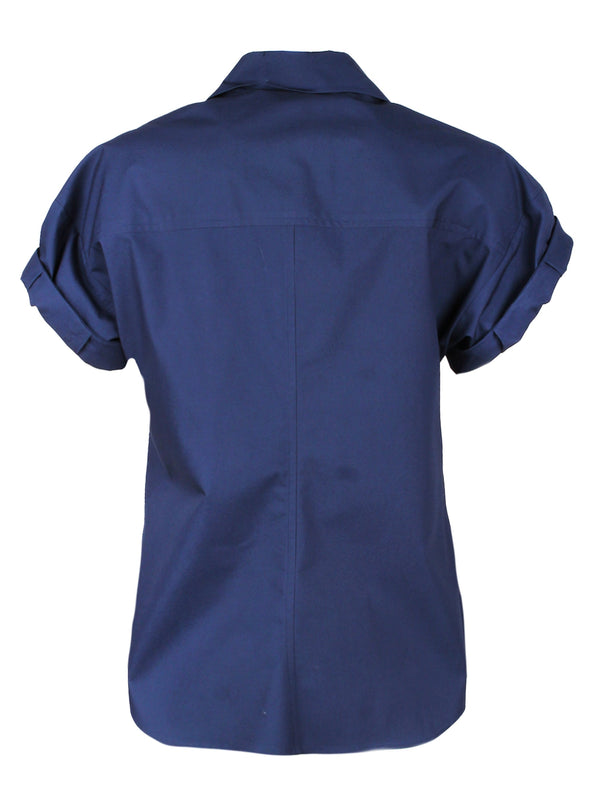 Finley Roll Sleeve Camp Shirt Navy Blue Poplin Blouse With Short Rolled Cuffs And Spread Collar