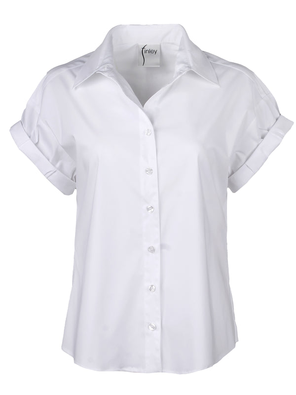 Finley Roll Sleeve Camp Shirt White Poplin Blouse With Short Rolled Cuffs And Spread Collar