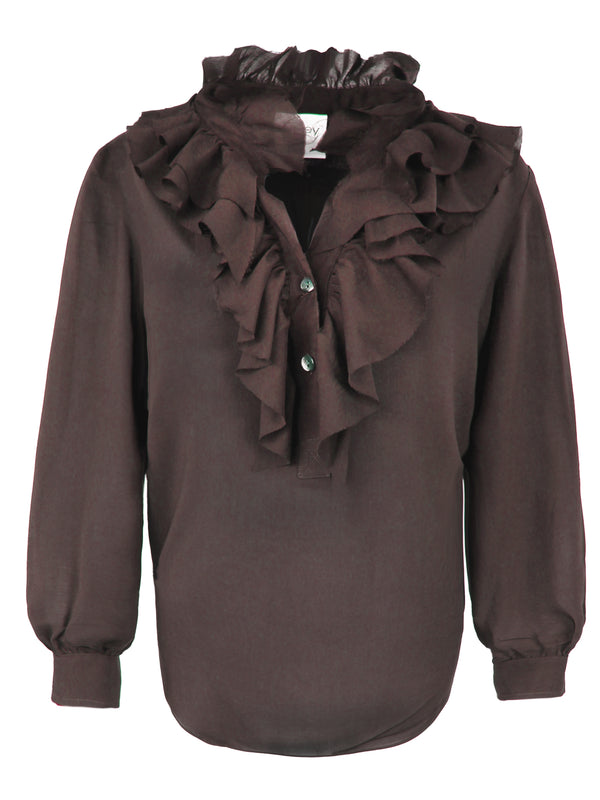 Finley Rory Espresso Brown Viscose Voile Tie-front Top With A Faux French Cuff