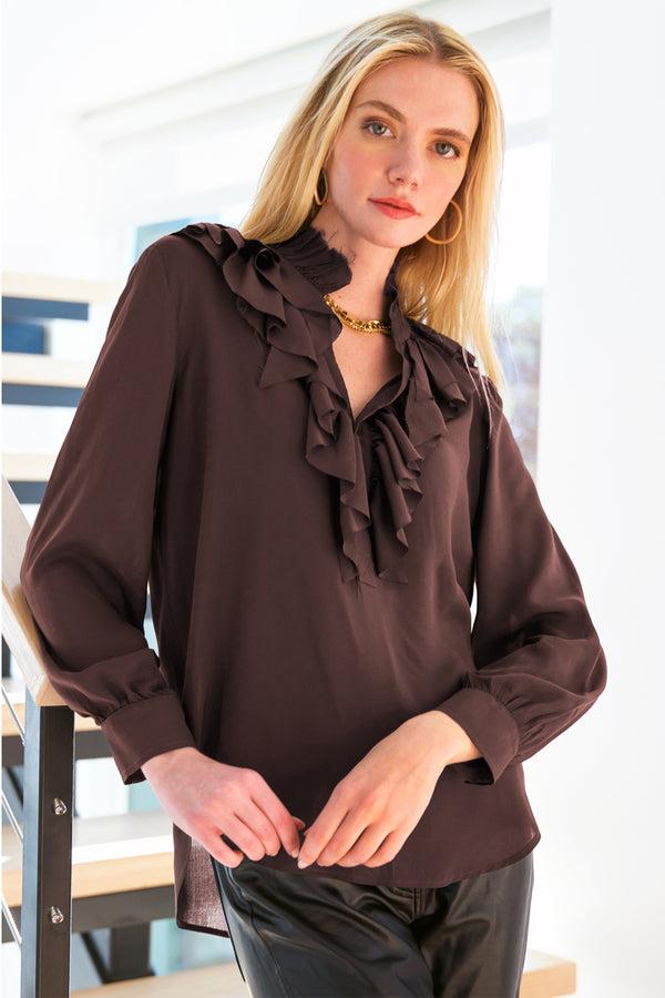 finley Rory Espresso brown viscose voile tie-front top with a faux French cuff