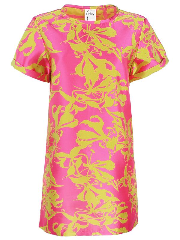 Finley Shawn Pink And Citron Print Shift Shirt Dress With Short Sleeves