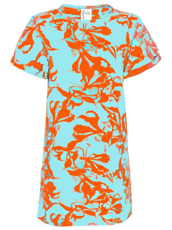 Finley Shawn Turquoise And Orange Print Shift Shirt Dress With Short Sleeves