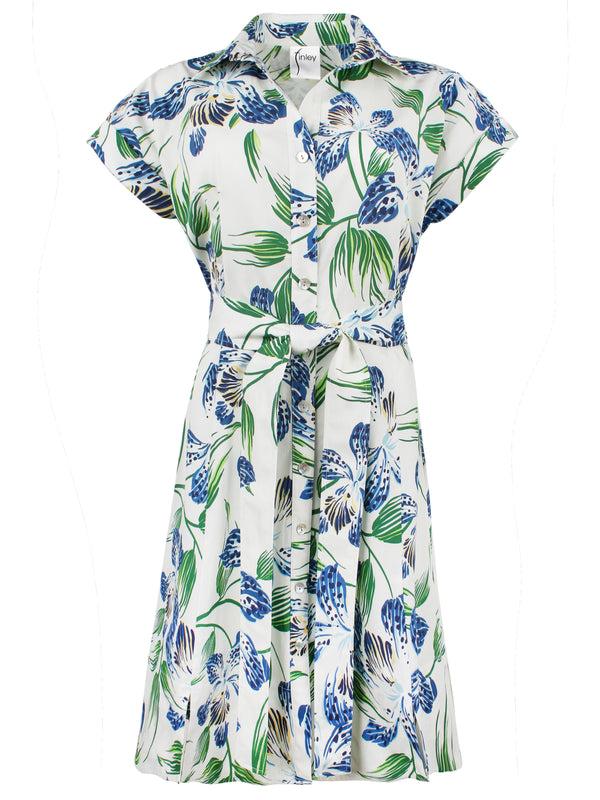 Finley Short Chantal Tie Front Knee Length Dress With A Shift Silhouette In A White Blue And Green Floral Print