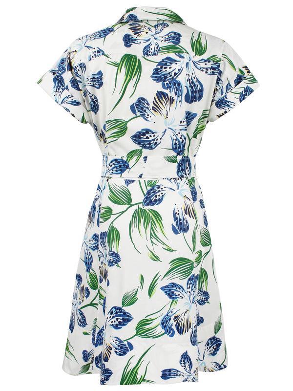 Finley Short Chantal Tie Front Knee Length Dress With A Shift Silhouette In A White Blue And Green Floral Print