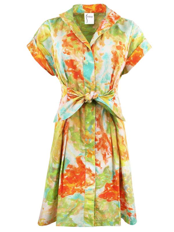 Finley Short Rocky Orange And Green Floral Print Cotton Tie Front Shirt Dress With Fit-and-flare Shape