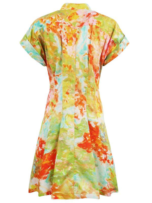 Finley Short Rocky Orange And Green Floral Print Cotton Tie Front Shirt Dress With Fit-and-flare Shape