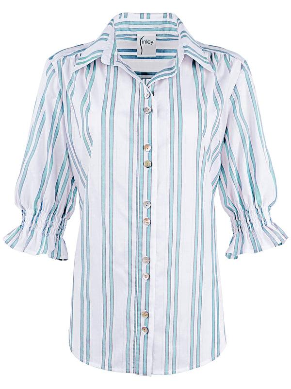 Finley Sirena Aqua Blue & White Striped Drop Needle Cotton Blouse With Short Puff Sleeves And Relaxed Shape