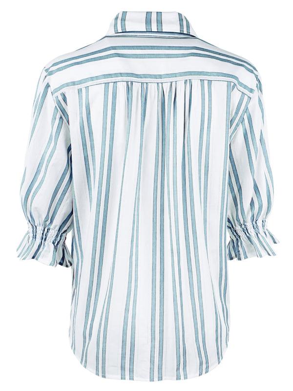 Finley Sirena Aqua Blue & White Striped Drop Needle Cotton Blouse With Short Puff Sleeves And Relaxed Shape
