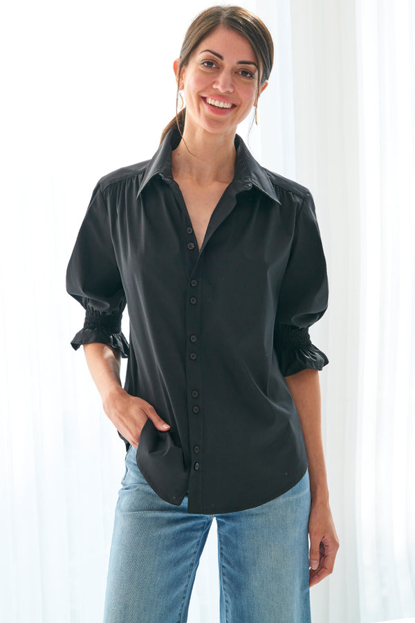 finley Sirena Black poplin shirt with short puff sleeves and a relaxed silhouette