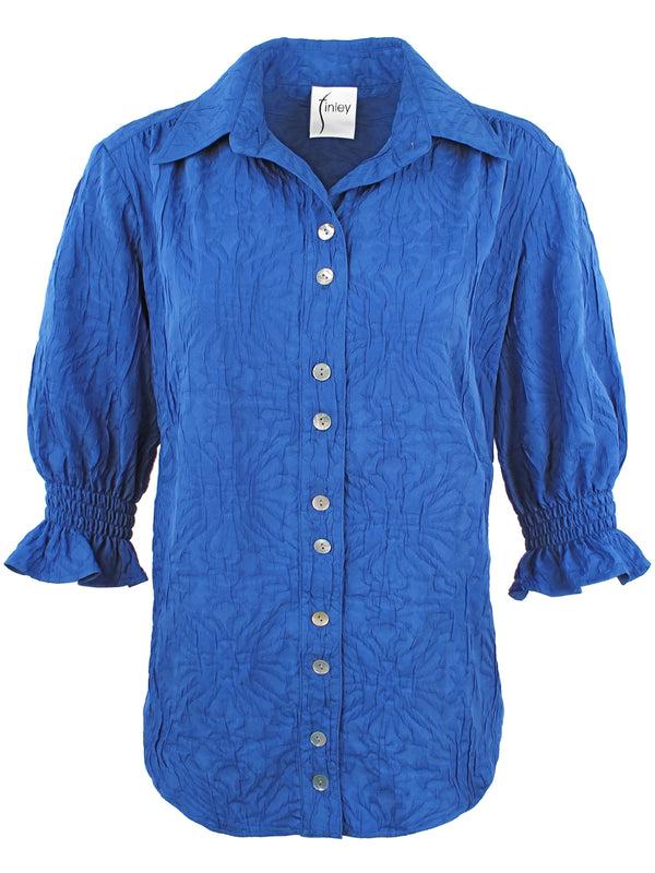 finley Sirena Blue tonal textured jacquard shirt with short puff sleeves and a relaxed silhouette