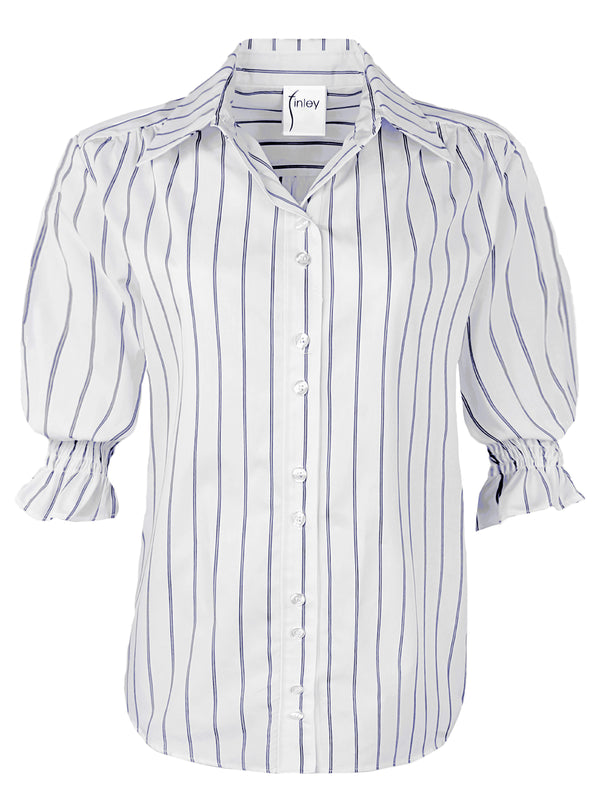 Finley Sirena Blue & White Striped Cotton Blouse With Short Puff Sleeves And Relaxed Shape