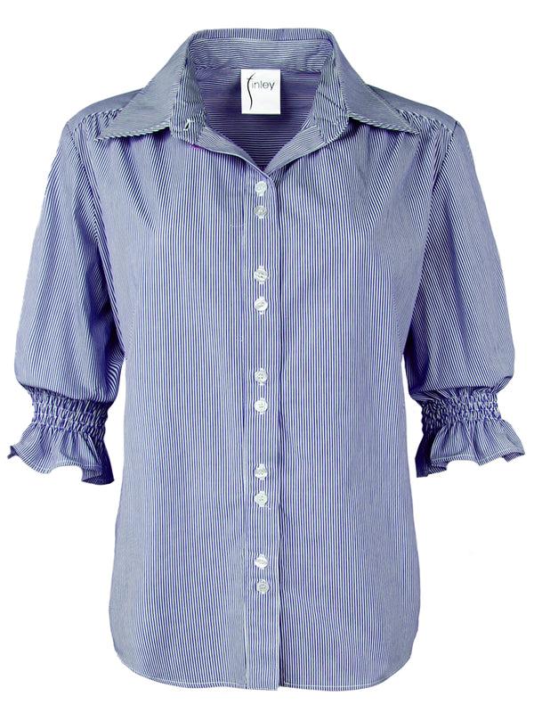 finley Sirena Blue & white striped cotton blouse with short puff sleeves and relaxed shape