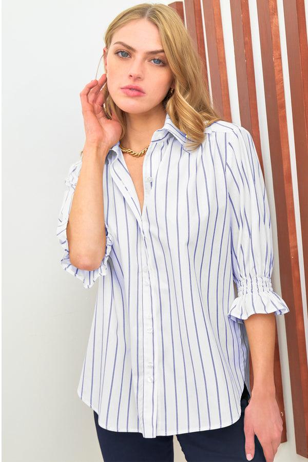 finley Sirena Blue & white striped cotton blouse with short puff sleeves and relaxed shape